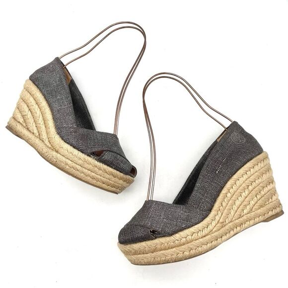 Tory Burch Filipa Espadrille Wedge Heel in Shimmer Pewter Linen Women’s Size 5.5 - Picture 9 of 16